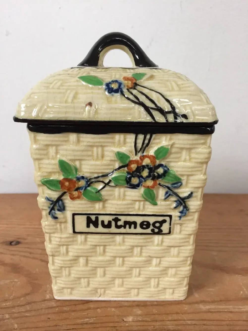 Vintage Hotta Yu Shoten Japanese Japan Basketweave Majolica Nutmeg Spice Jar